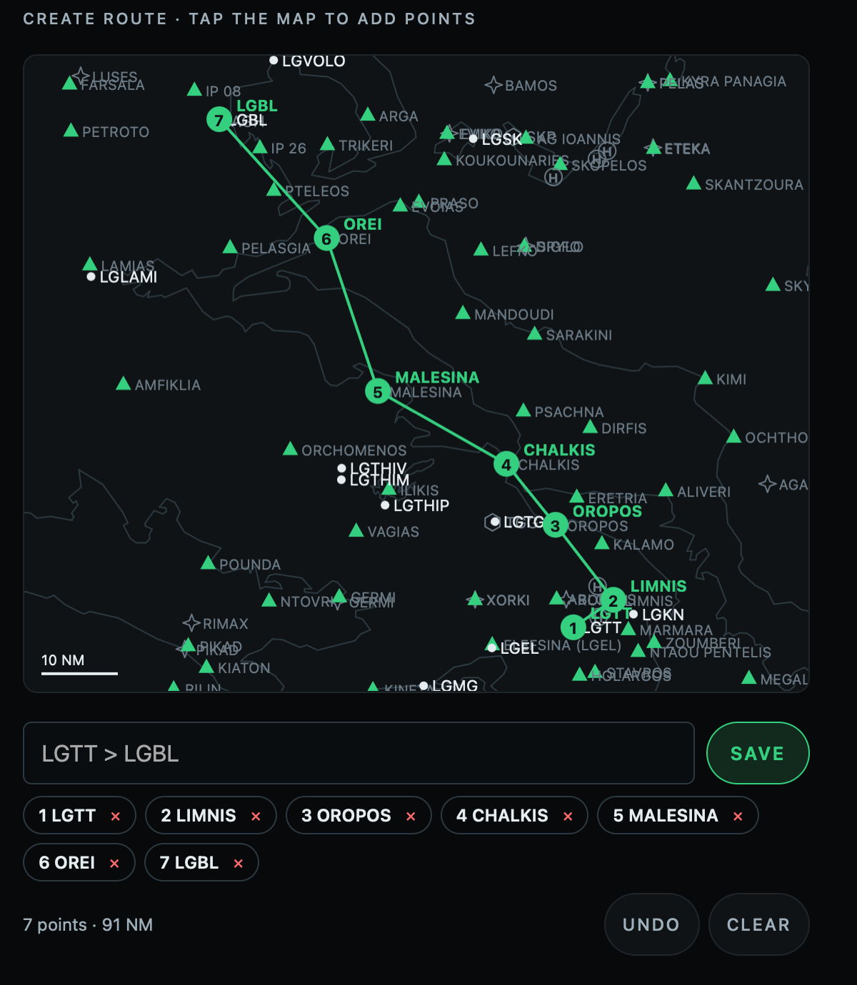 The Create route map page on the phone: a seven-point route from LGTT to LGBL drawn in green over the map with reporting points, airports and heliports, the waypoint chips and the Save button