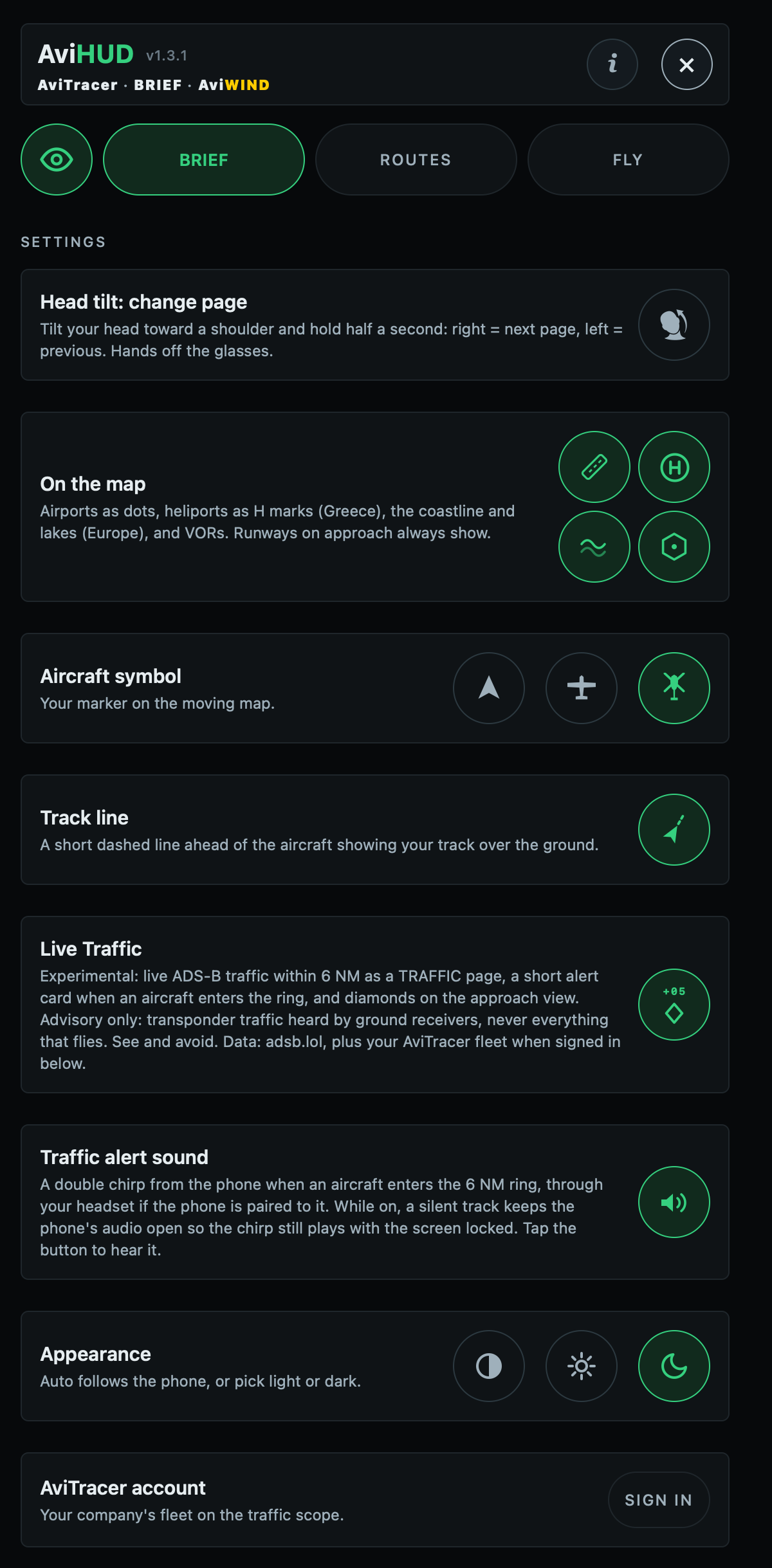 The AviHUD Settings page: head tilt paging, map layers (airports, heliports, coastline and lakes, VORs), aircraft symbol choice, the track line, live traffic, the traffic alert sound, the appearance and the AviTracer account